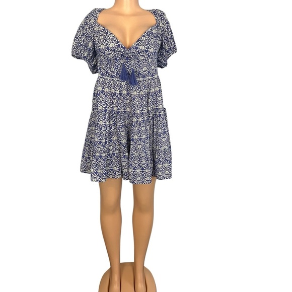 3/$30 🍂Zara Women Blue Floral A-Line Mini Dress Short Puff Sleeve Tassels Tiered - Picture 3 of 10